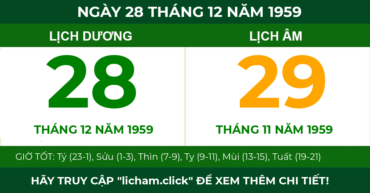 lịch âm ngày 28 tháng 12 năm 1959