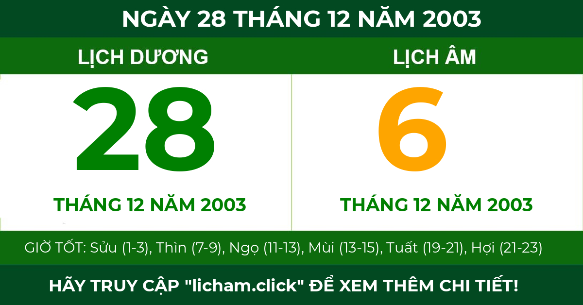 lịch âm ngày 28 tháng 12 năm 2003