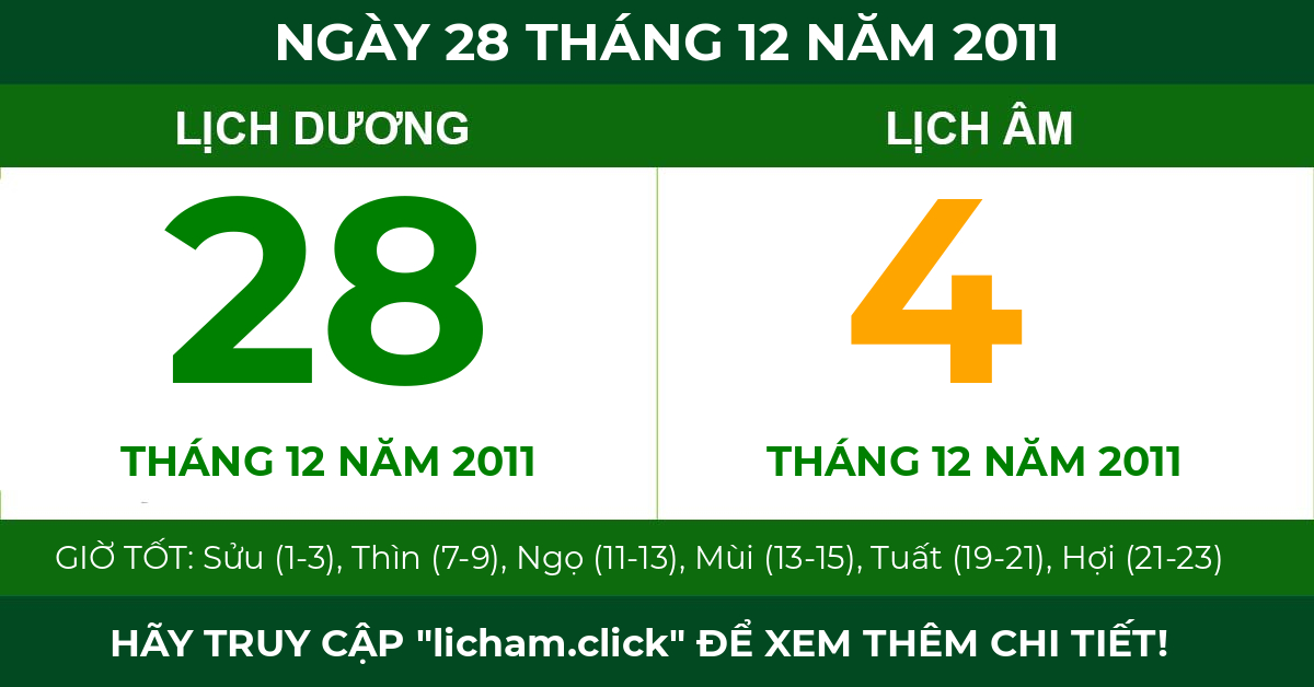 lịch âm ngày 28 tháng 12 năm 2011
