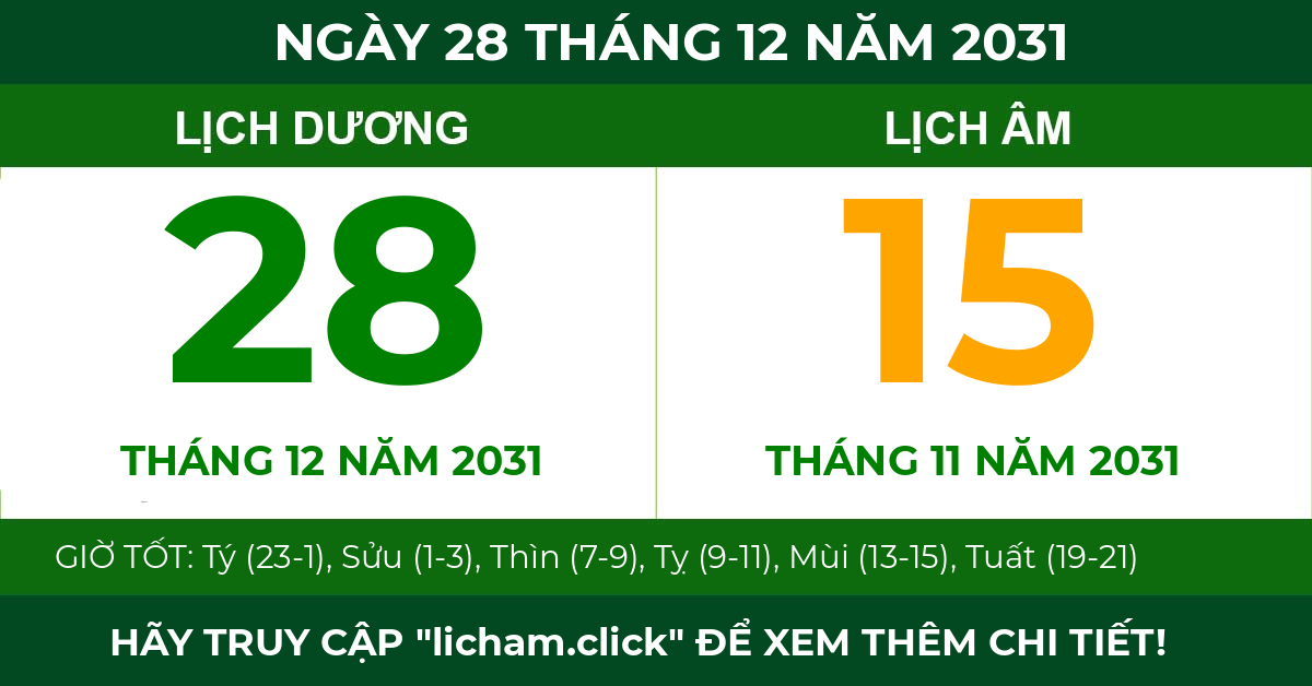 lịch âm ngày 28 tháng 12 năm 2031