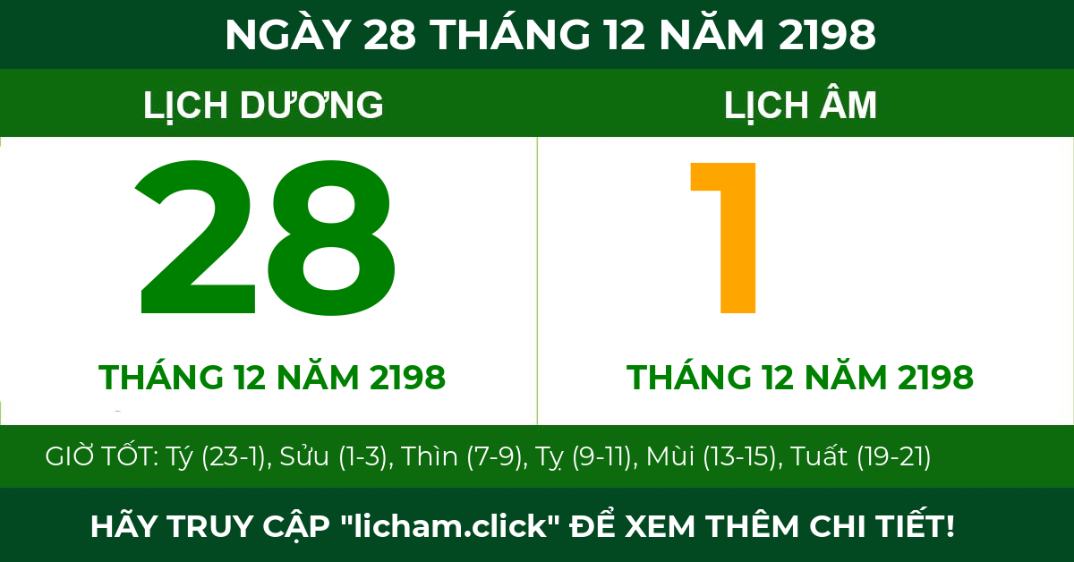 lịch âm ngày 28 tháng 12 năm 2198