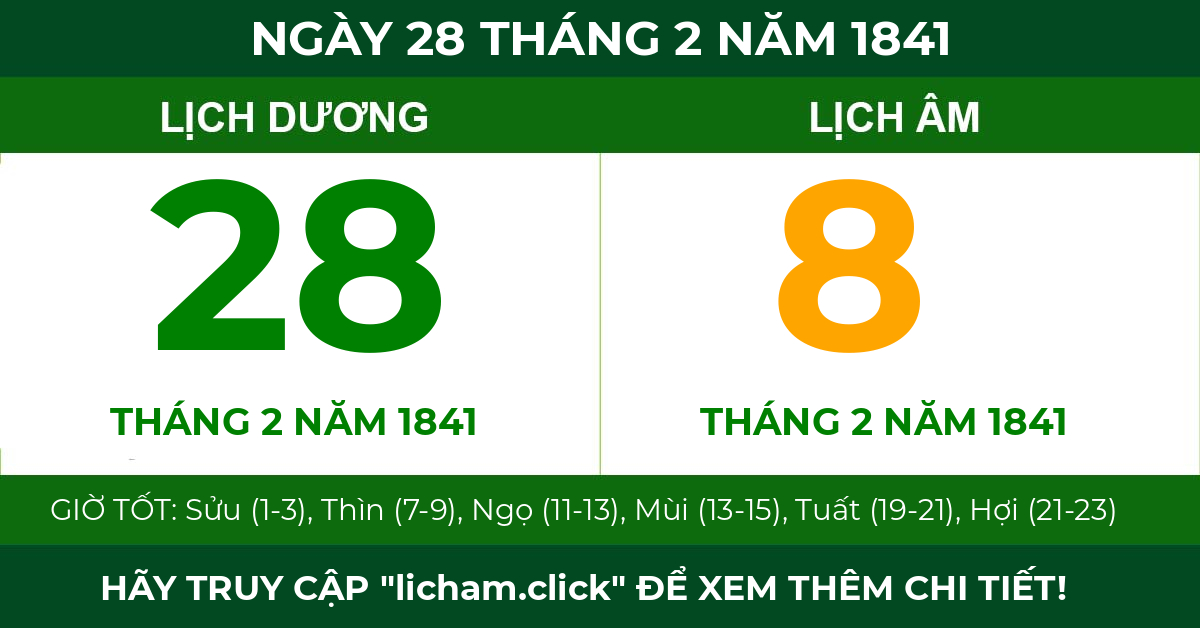 lịch âm ngày 28 tháng 2 năm 1841