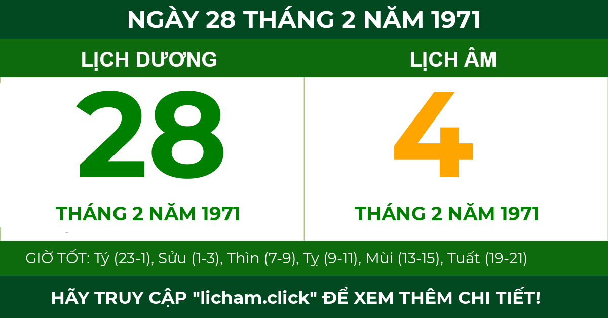 lịch âm ngày 28 tháng 2 năm 1971