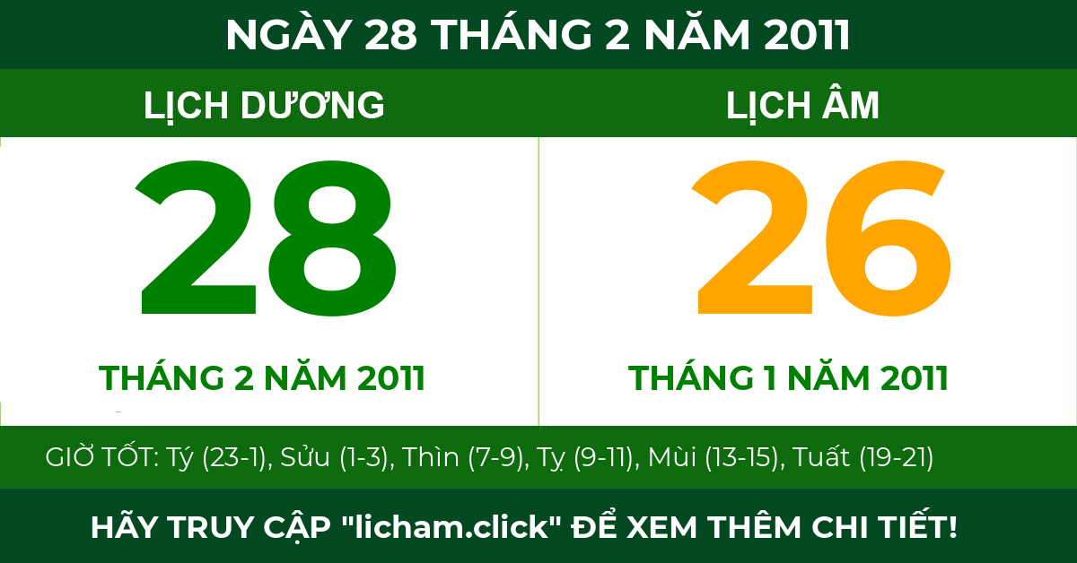lịch âm ngày 28 tháng 2 năm 2011