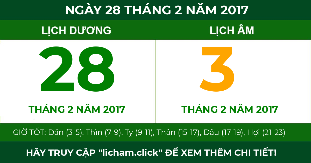 lịch âm ngày 28 tháng 2 năm 2017