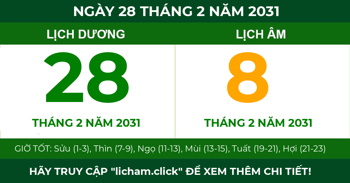 lịch âm ngày 28 tháng 2 năm 2031