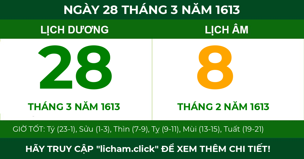 lịch âm ngày 28 tháng 3 năm 1613