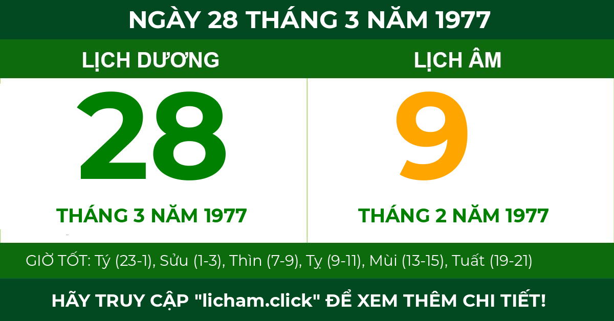 lịch âm ngày 28 tháng 3 năm 1977