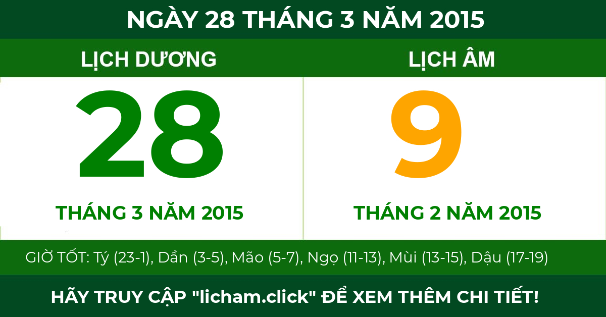 lịch âm ngày 28 tháng 3 năm 2015