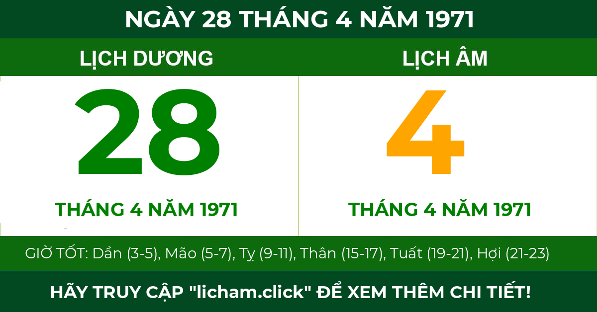 lịch âm ngày 28 tháng 4 năm 1971