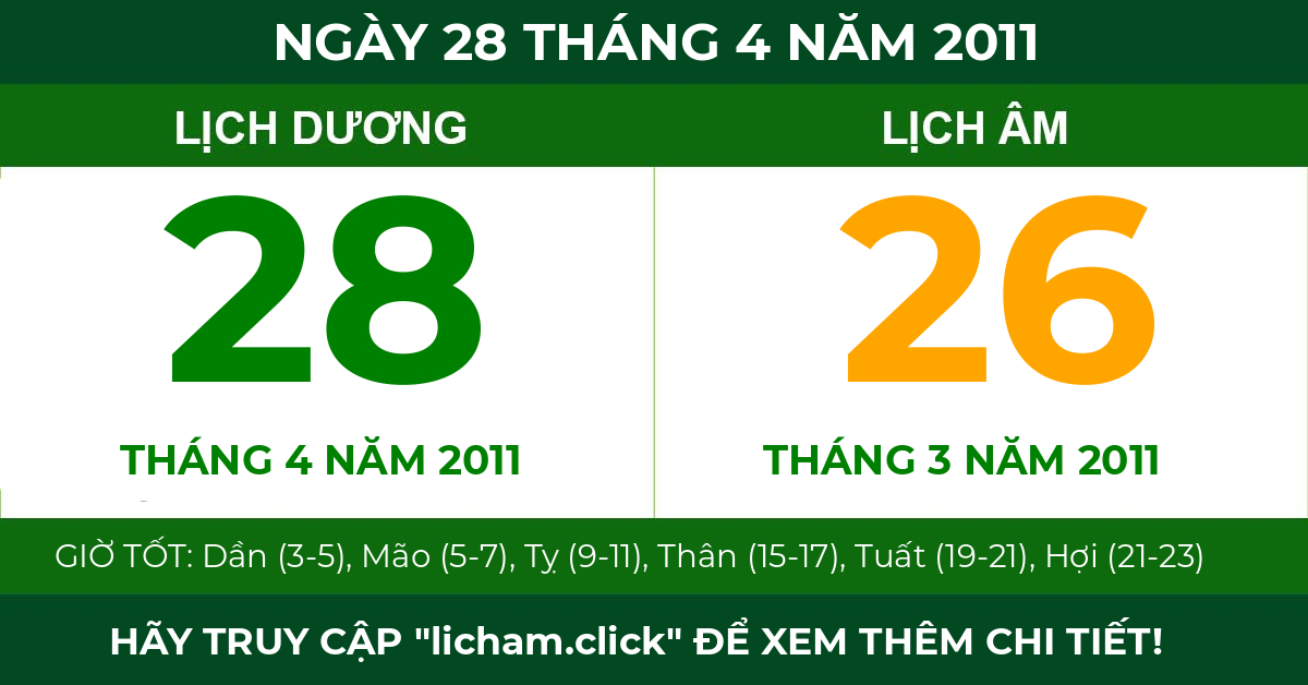 lịch âm ngày 28 tháng 4 năm 2011