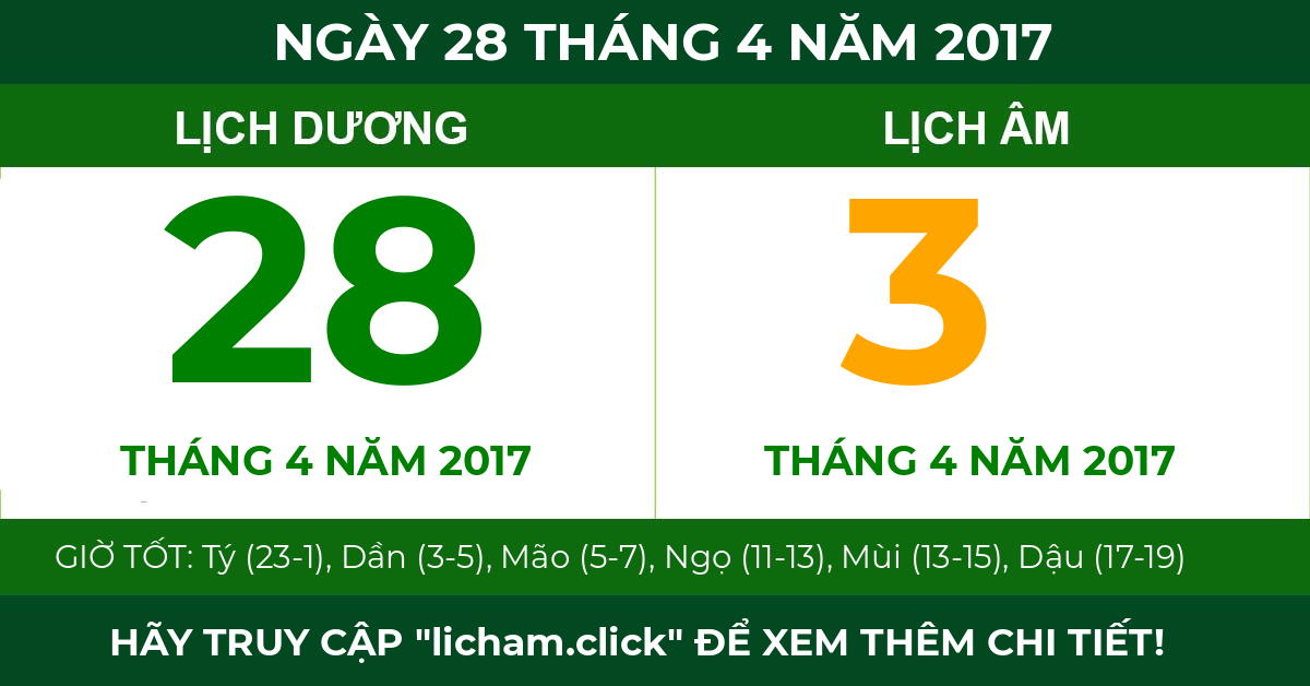 lịch âm ngày 28 tháng 4 năm 2017