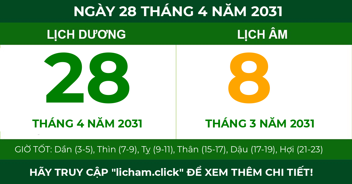 lịch âm ngày 28 tháng 4 năm 2031