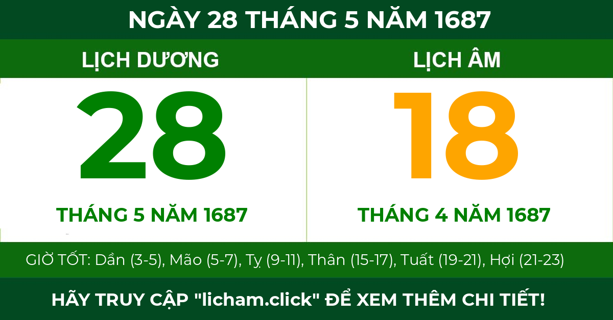 lịch âm ngày 28 tháng 5 năm 1687