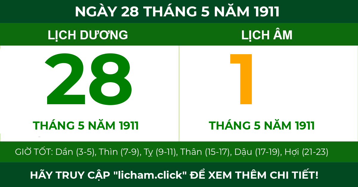lịch âm ngày 28 tháng 5 năm 1911