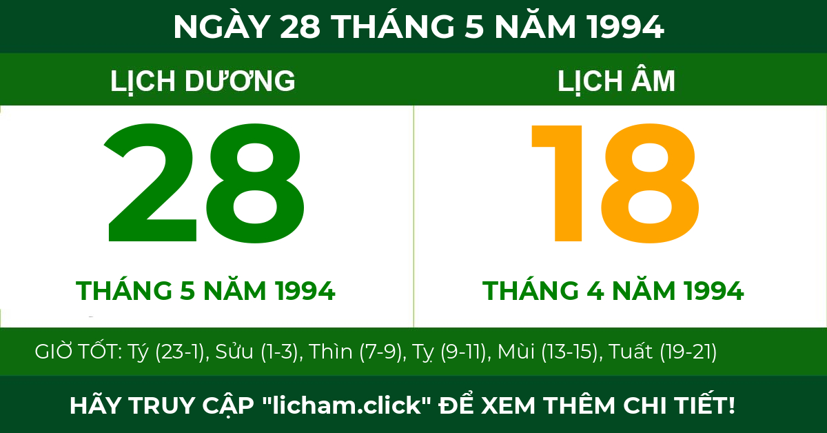 lịch âm ngày 28 tháng 5 năm 1994
