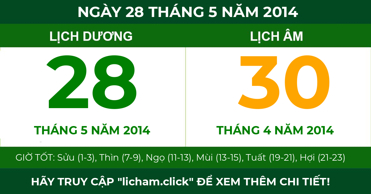 lịch âm ngày 28 tháng 5 năm 2014