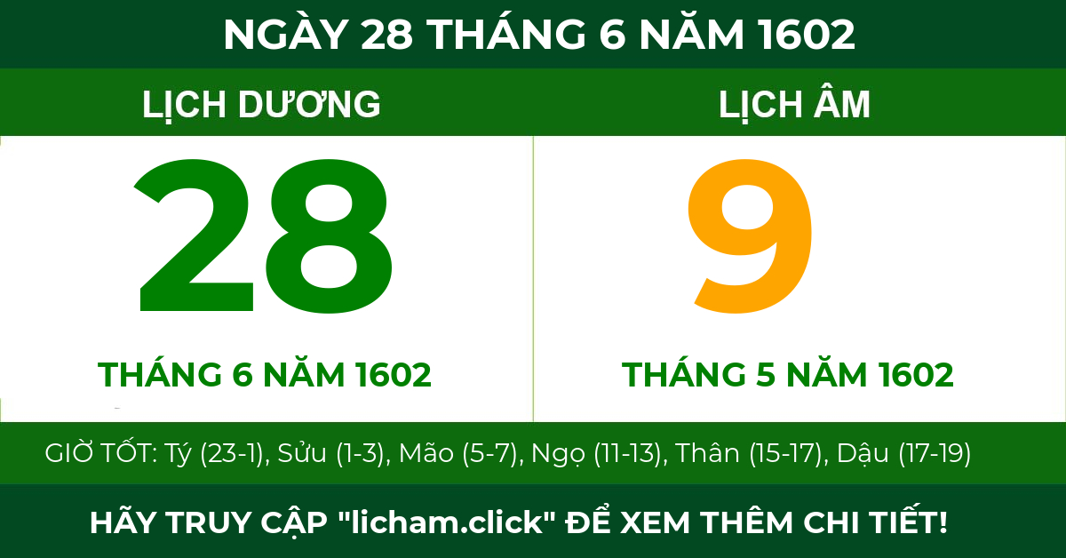 lịch âm ngày 28 tháng 6 năm 1602