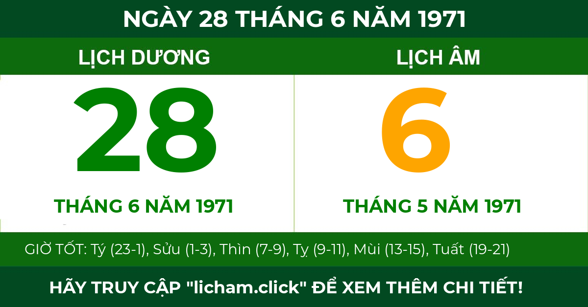 lịch âm ngày 28 tháng 6 năm 1971