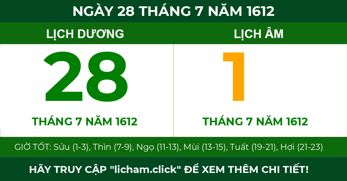 lịch âm ngày 28 tháng 7 năm 1612