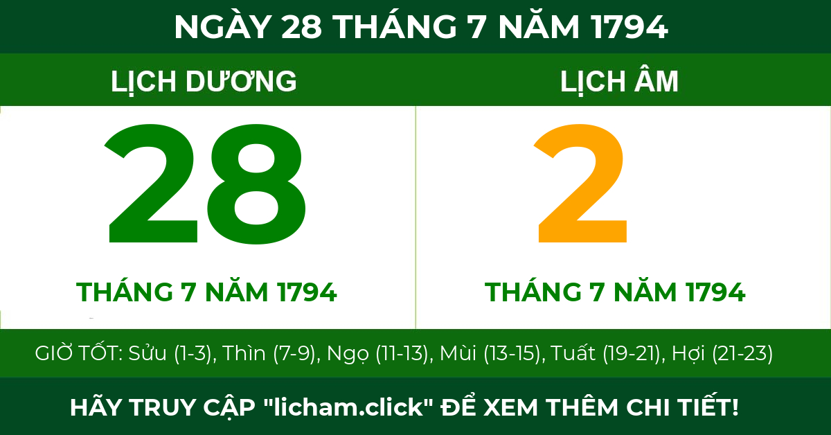lịch âm ngày 28 tháng 7 năm 1794