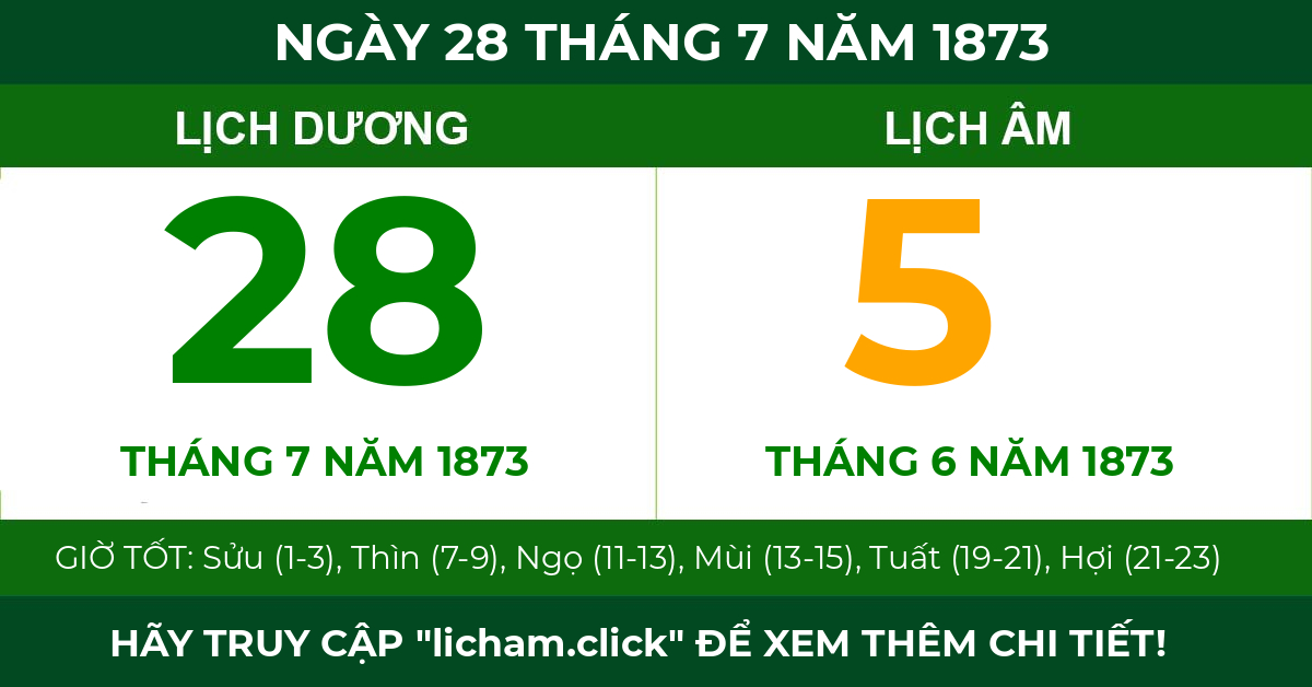 lịch âm ngày 28 tháng 7 năm 1873