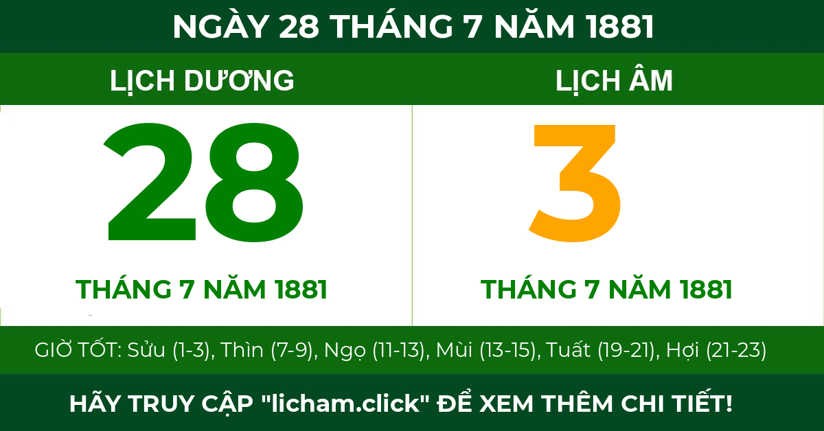 lịch âm ngày 28 tháng 7 năm 1881