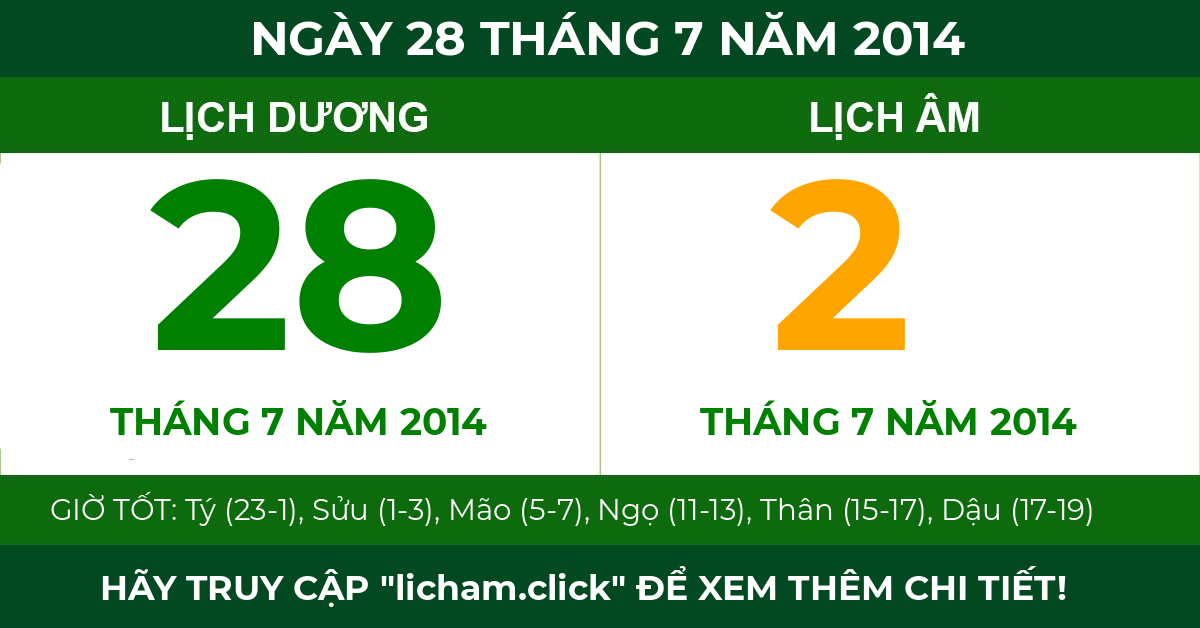 lịch âm ngày 28 tháng 7 năm 2014