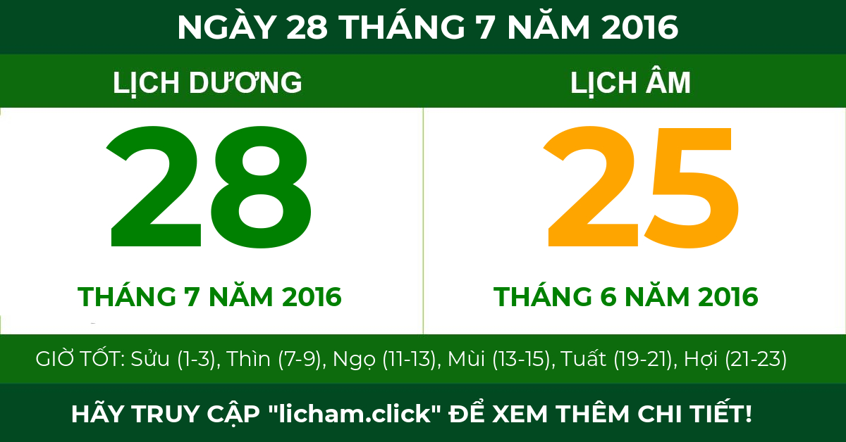 lịch âm ngày 28 tháng 7 năm 2016