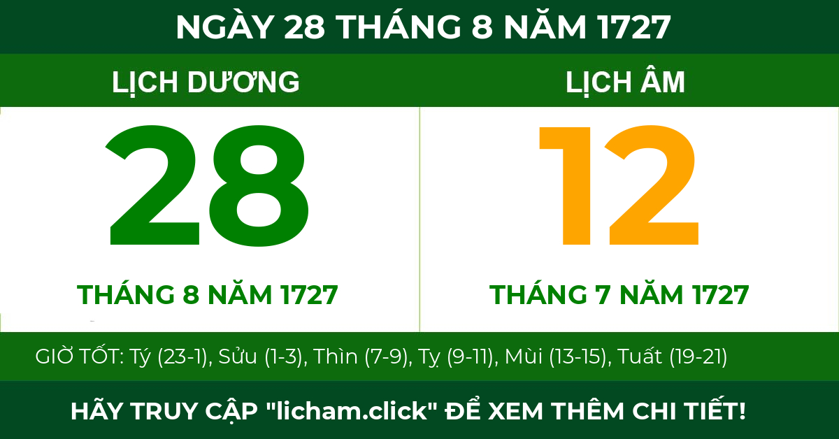 lịch âm ngày 28 tháng 8 năm 1727