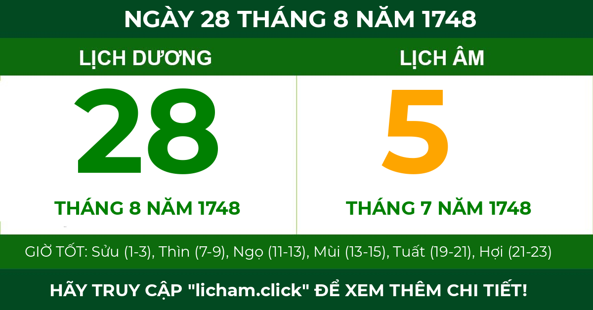 lịch âm ngày 28 tháng 8 năm 1748
