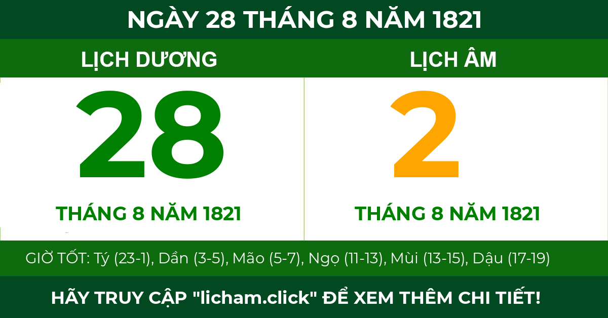lịch âm ngày 28 tháng 8 năm 1821