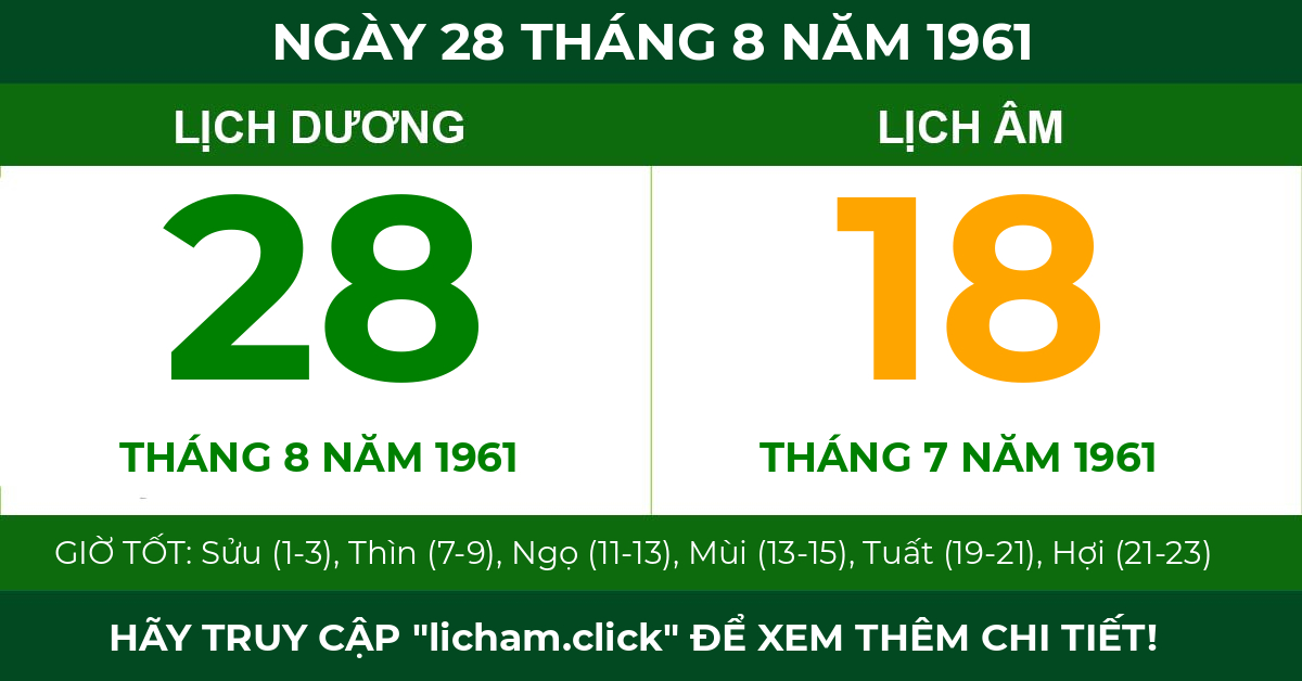 lịch âm ngày 28 tháng 8 năm 1961