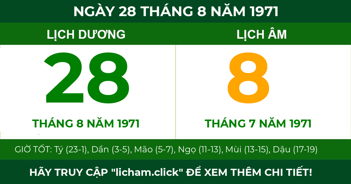lịch âm ngày 28 tháng 8 năm 1971