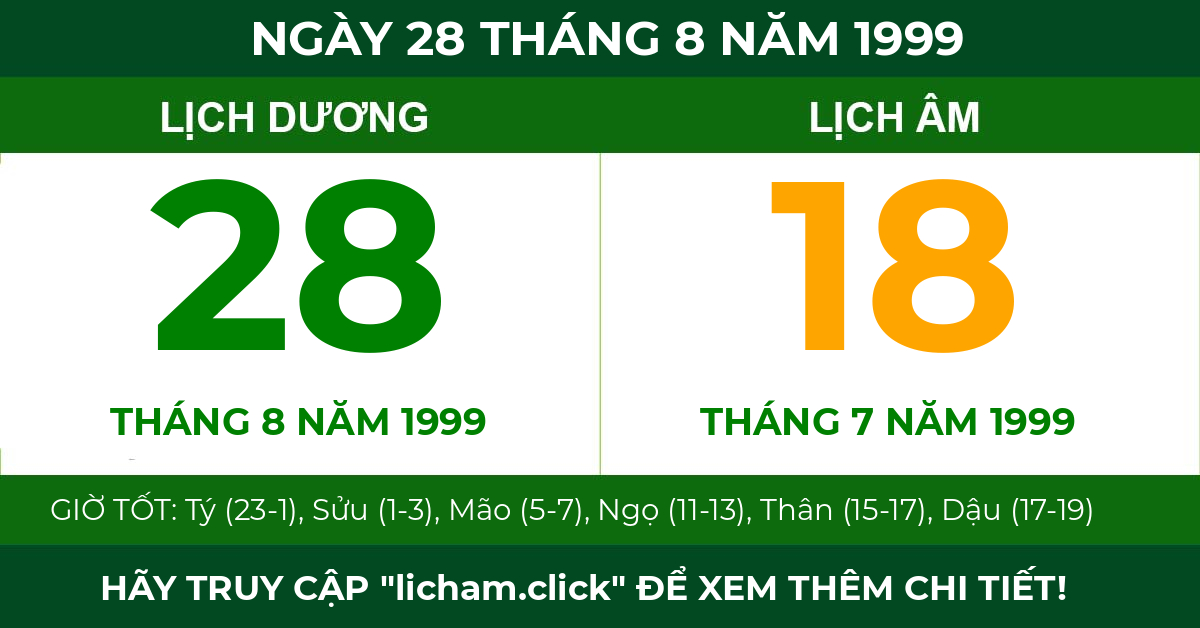 lịch âm ngày 28 tháng 8 năm 1999
