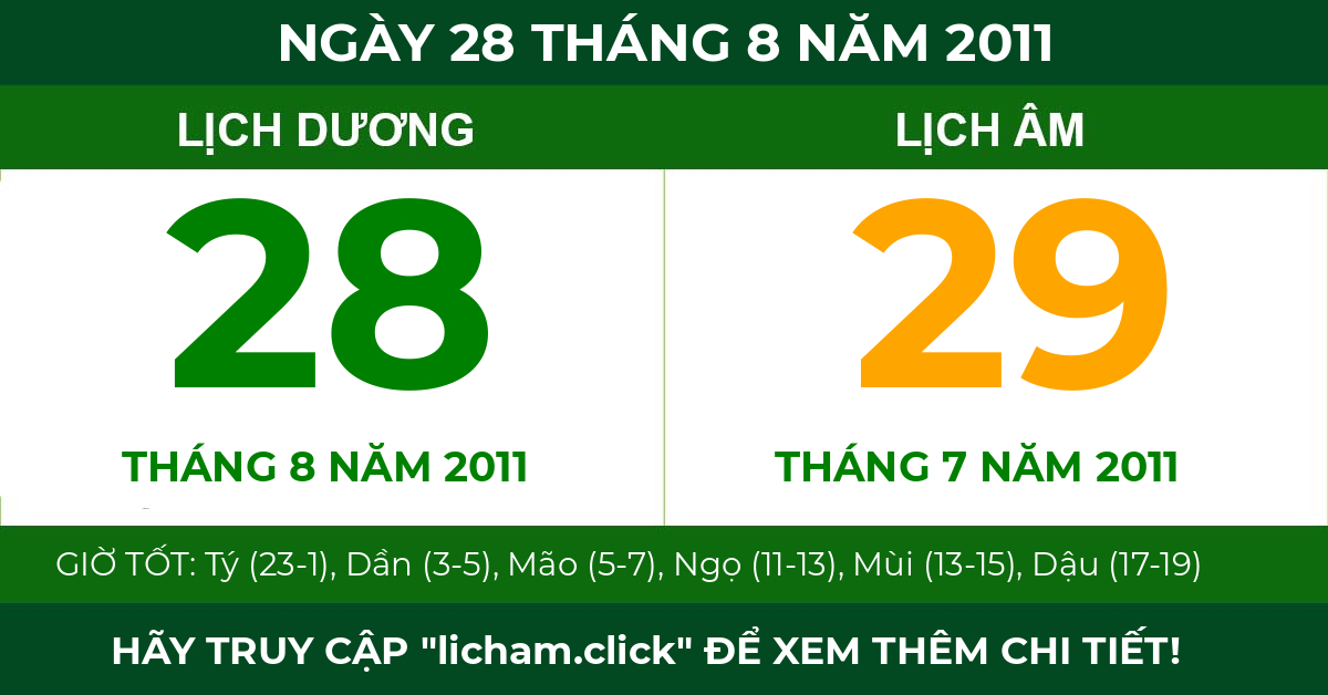 lịch âm ngày 28 tháng 8 năm 2011