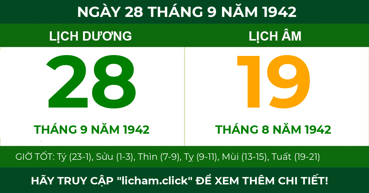 lịch âm ngày 28 tháng 9 năm 1942