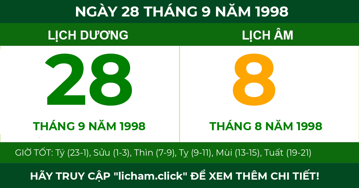 lịch âm ngày 28 tháng 9 năm 1998