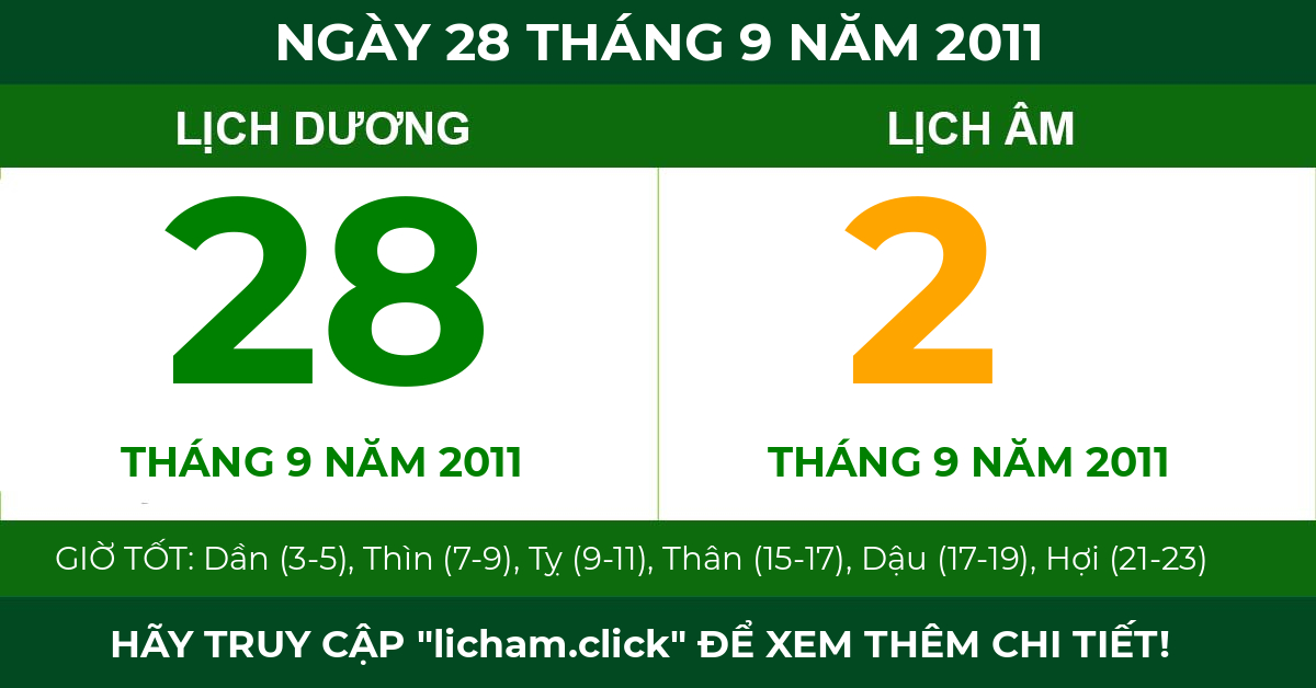 lịch âm ngày 28 tháng 9 năm 2011