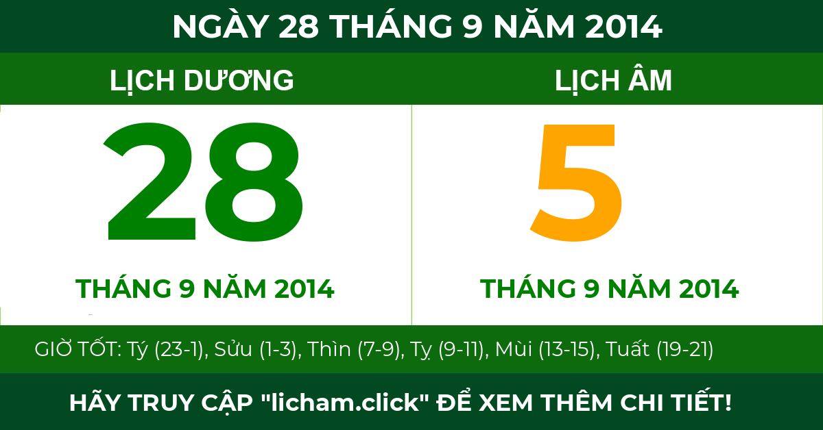 lịch âm ngày 28 tháng 9 năm 2014