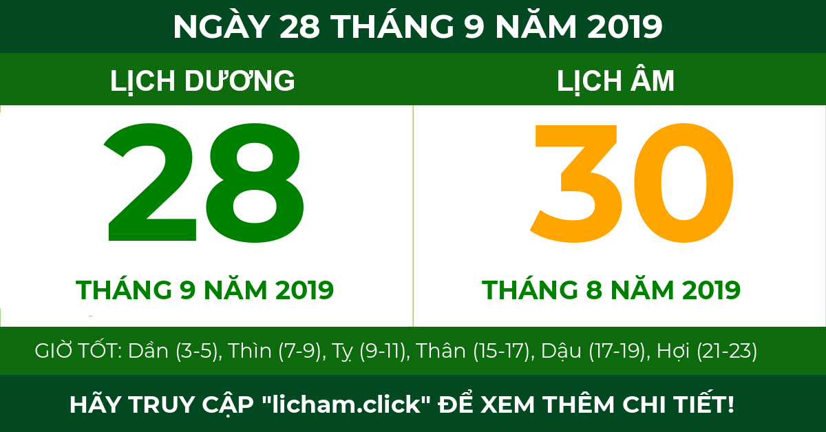 lịch âm ngày 28 tháng 9 năm 2019