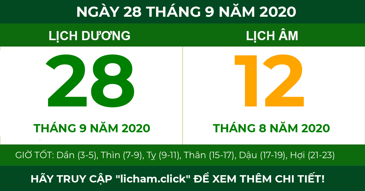lịch âm ngày 28 tháng 9 năm 2020