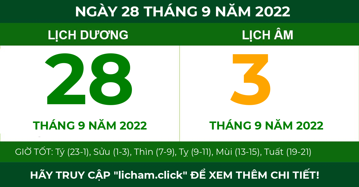 lịch âm ngày 28 tháng 9 năm 2022