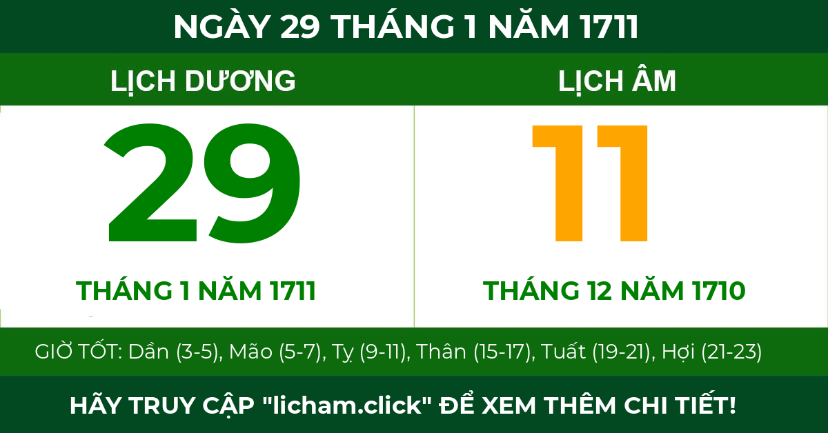 lịch âm ngày 29 tháng 1 năm 1711