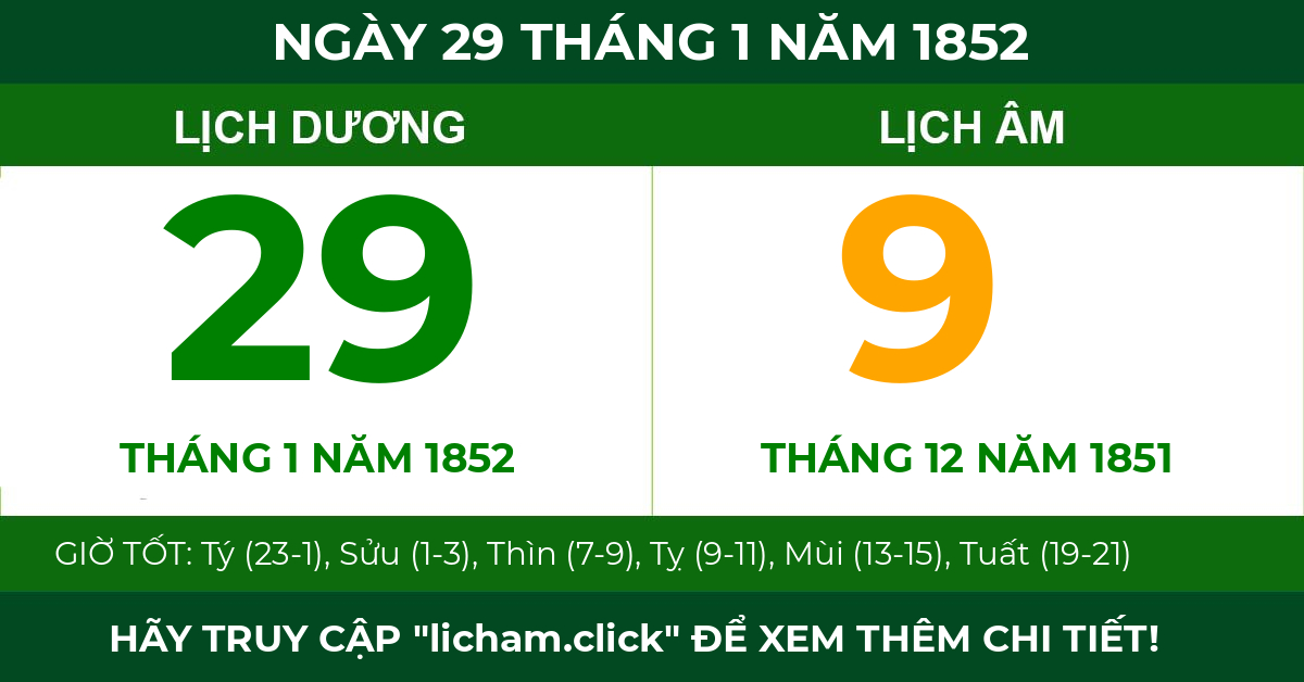 lịch âm ngày 29 tháng 1 năm 1852