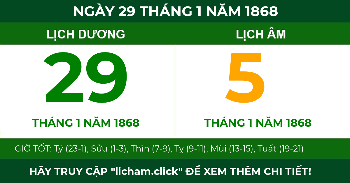lịch âm ngày 29 tháng 1 năm 1868