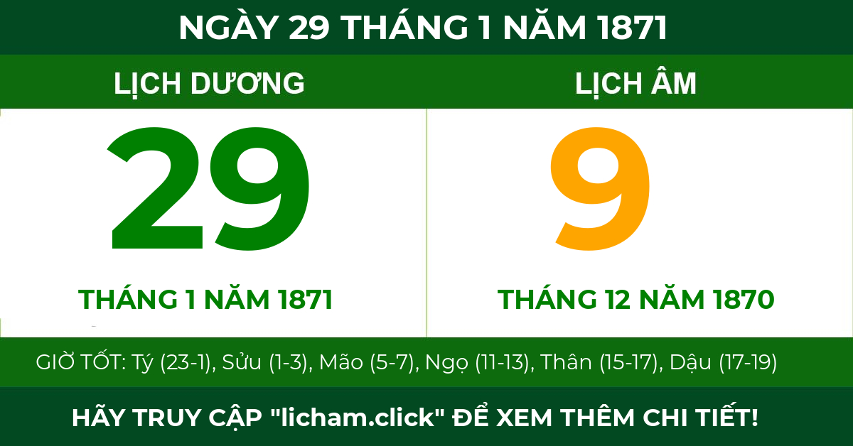 lịch âm ngày 29 tháng 1 năm 1871