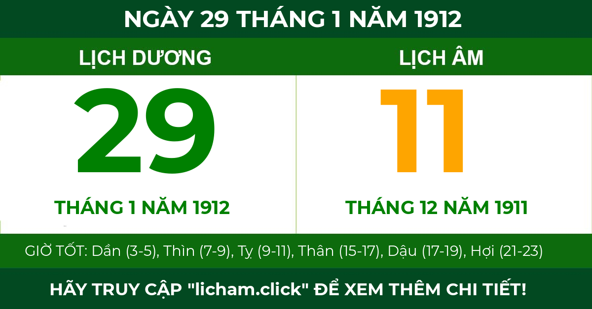 lịch âm ngày 29 tháng 1 năm 1912