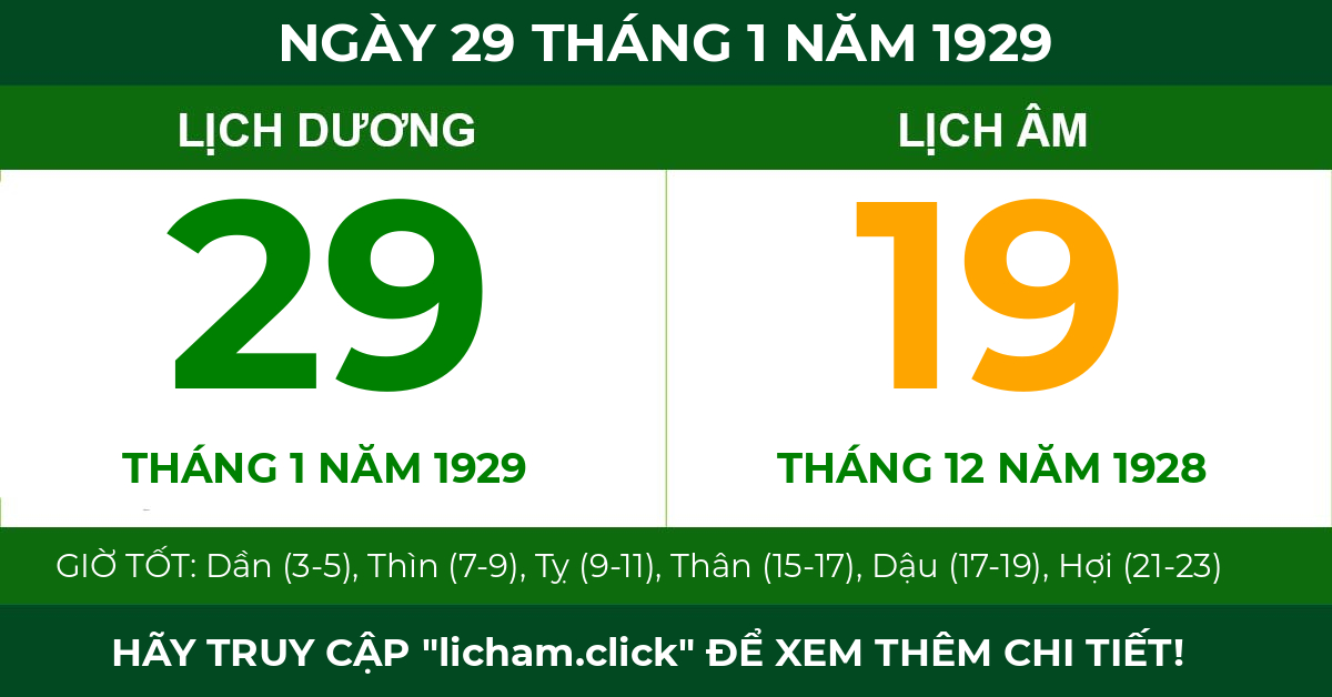 lịch âm ngày 29 tháng 1 năm 1929