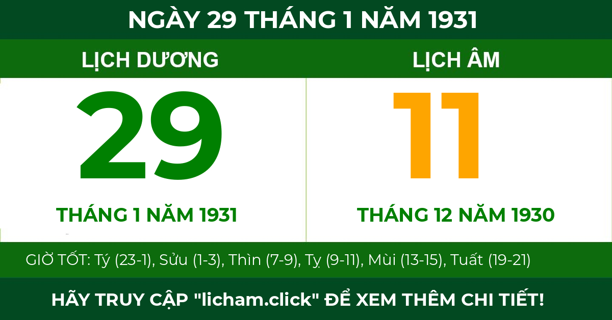 lịch âm ngày 29 tháng 1 năm 1931